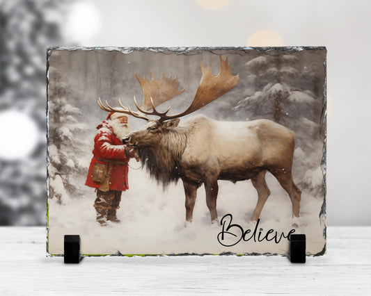 Believe Quote Slate Plaque with Santa  Reindeer - Fractured Edge Christmas Decor