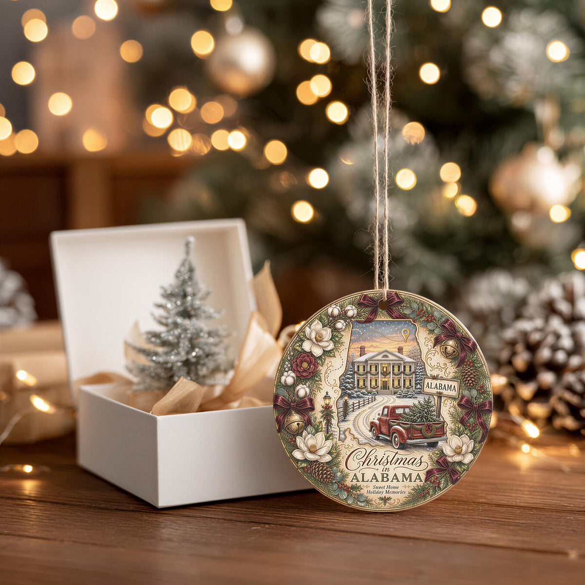 Alabama Christmas Ornament, Vintage Red Truck, Mansion Scene | Ceramic 3 Inch Double-Sided