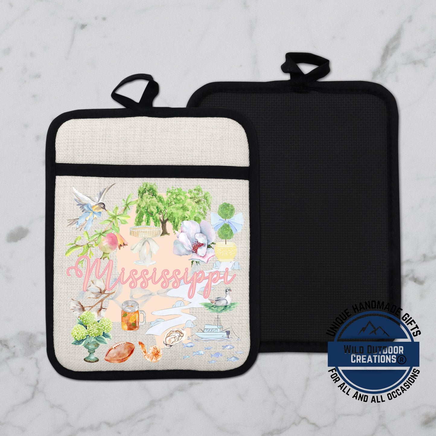 Mississippi Pot Holder | Non Slip Silicone Linen Pocket Potholder With Magnolia Design - alternate view