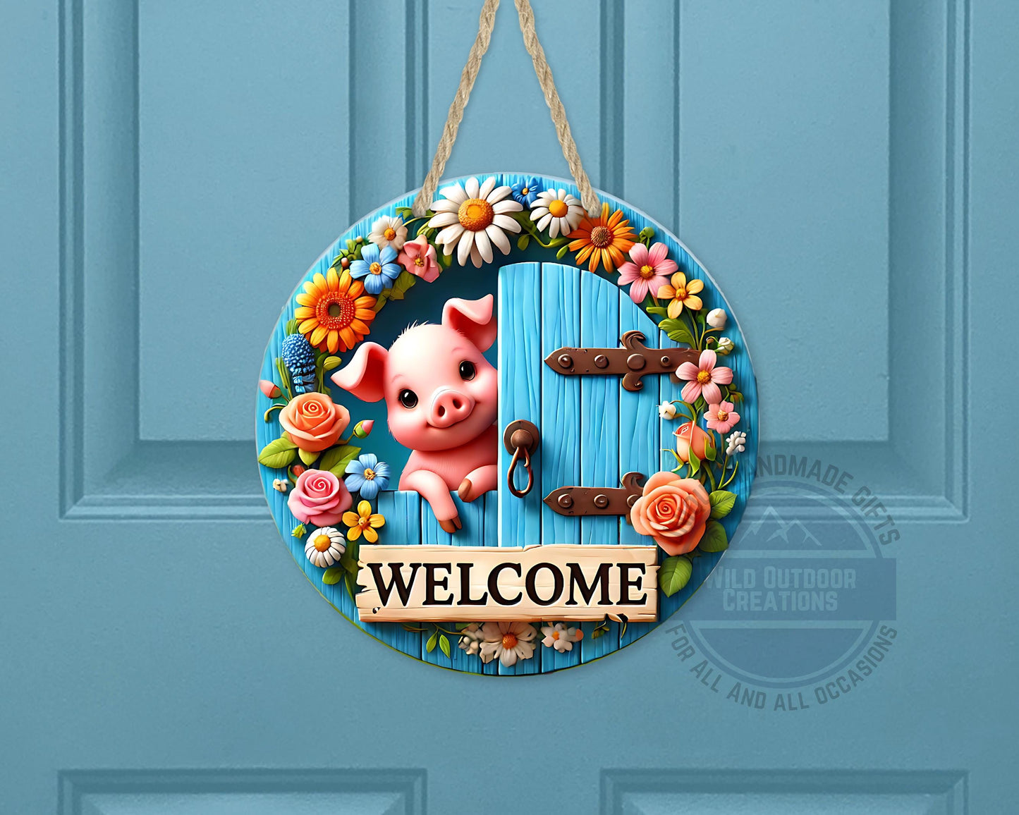 Pig Door Hanger – Farmhouse Welcome Sign | Floral Blue Wood Aluminum Decor