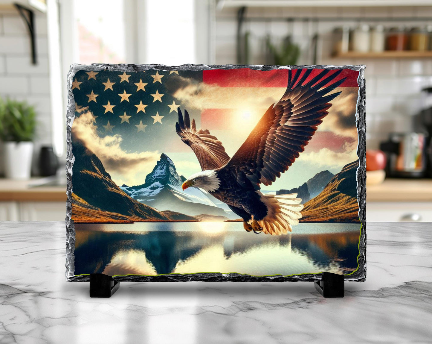 Patriotic Slate Sign - Bald Eagle Decor With American Flag Art & Mountain Lake
