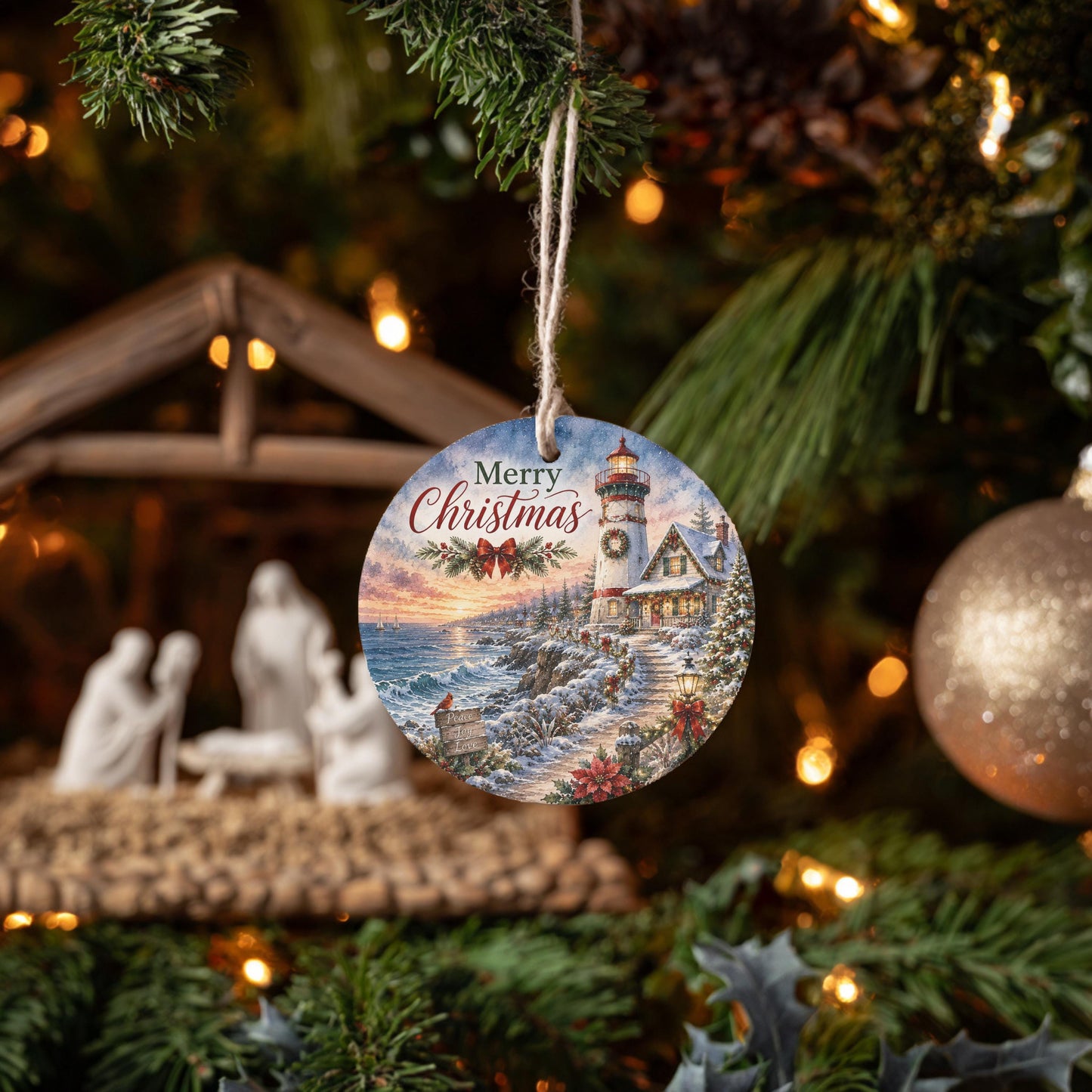 Lighthouse Christmas Ornament, Snowy Coastal Scene | Ceramic 3 Inch