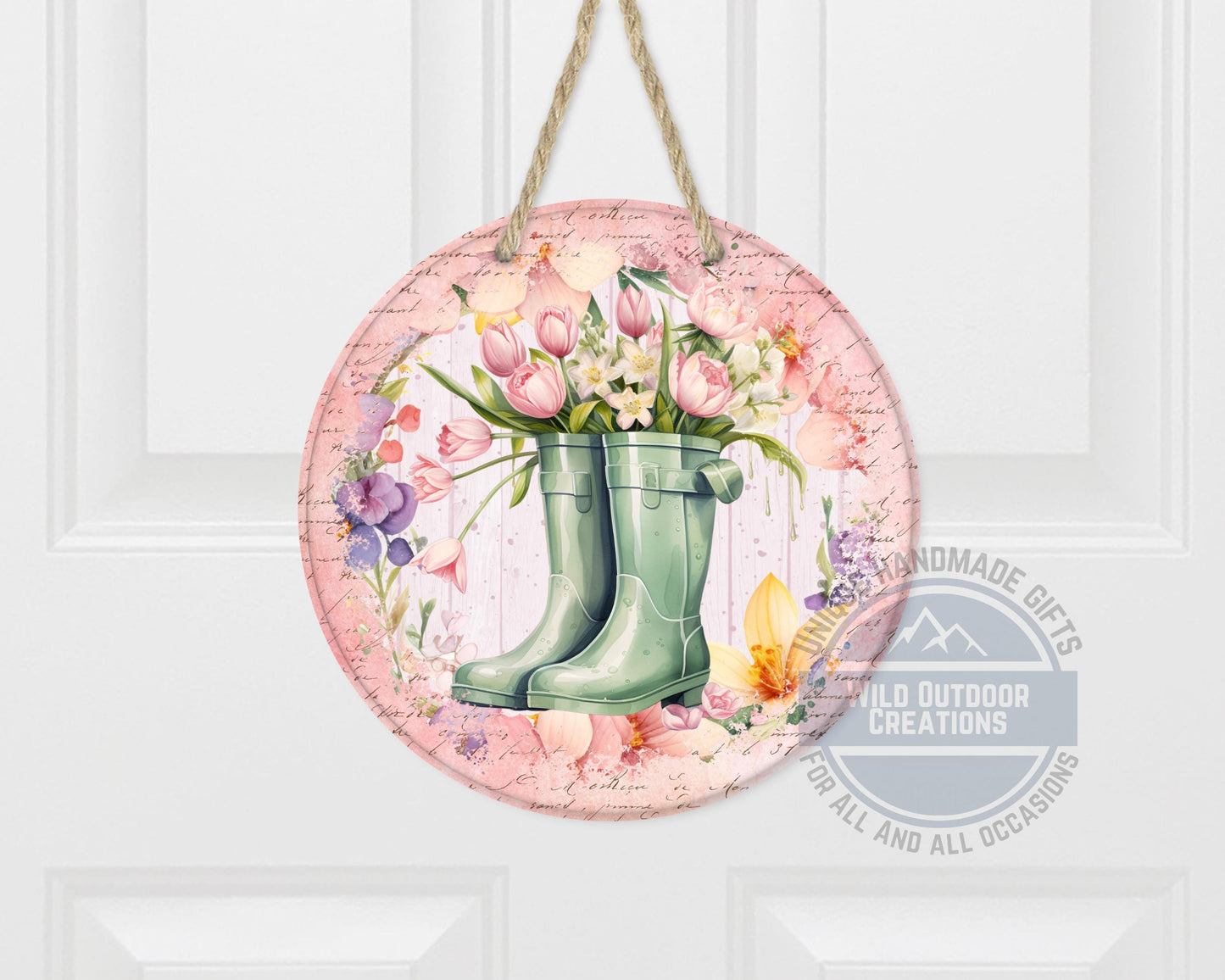 Spring Garden Boots - Pink Tulip Floral Door Hanger | Rustic Farmhouse Charm