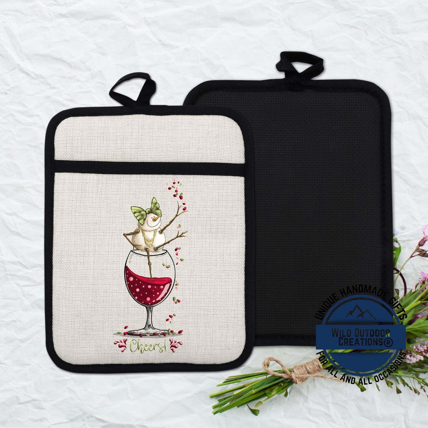 Wine Snowman Pot Holder Linen Hot Pad Cheers Kitchen Gift Wine Lover