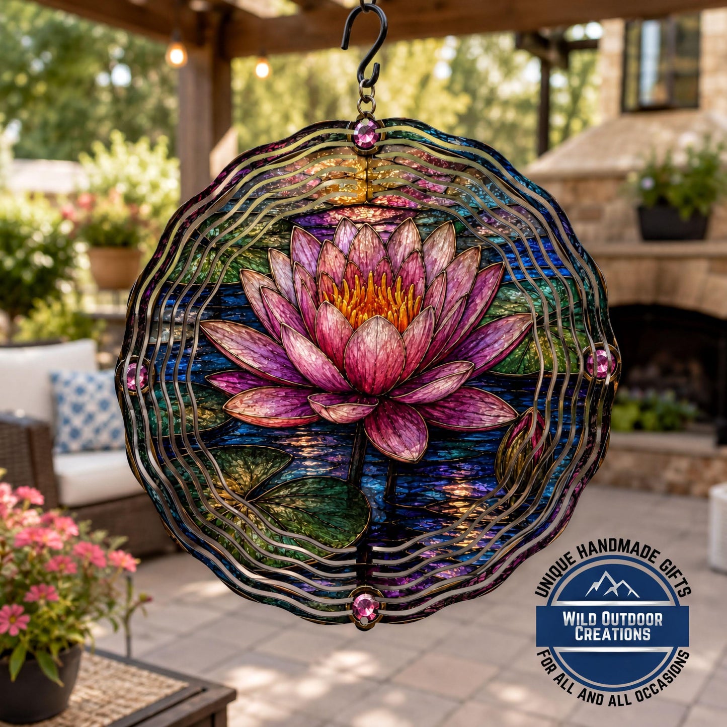July Birth Flower Water Lily Wind Spinner 10 Inch Faux Stained Glass Metal Garden Decor