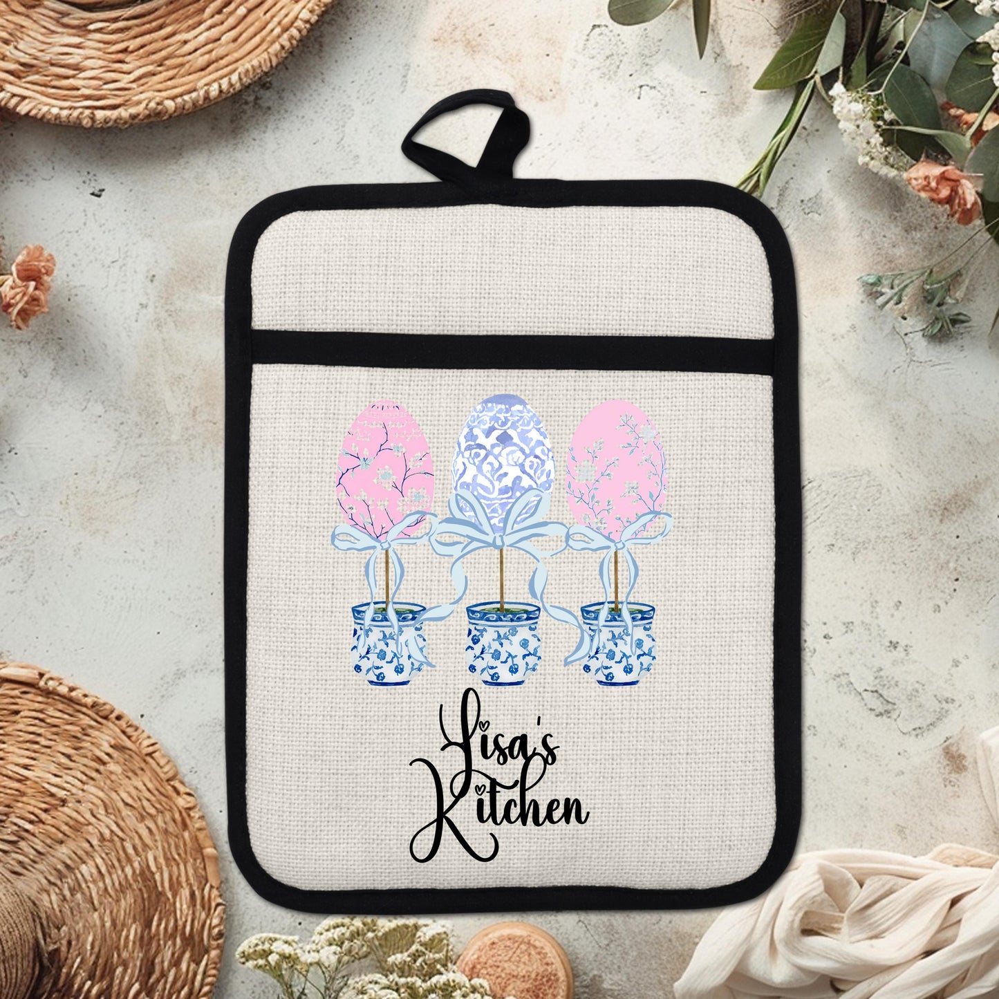 Personalized Easter Pot Holder – Custom Linen Kitchen Gift with Chinoiserie Eggs - packaging and presentation