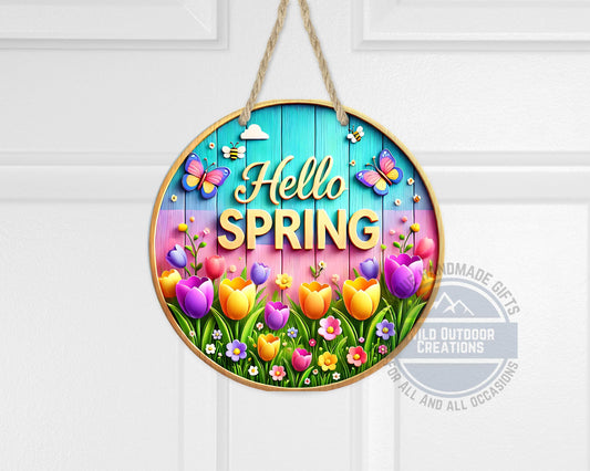 Spring Door Hanger - Colorful Tulip Sign With Butterflies & Bees | Weather Resistant Decor