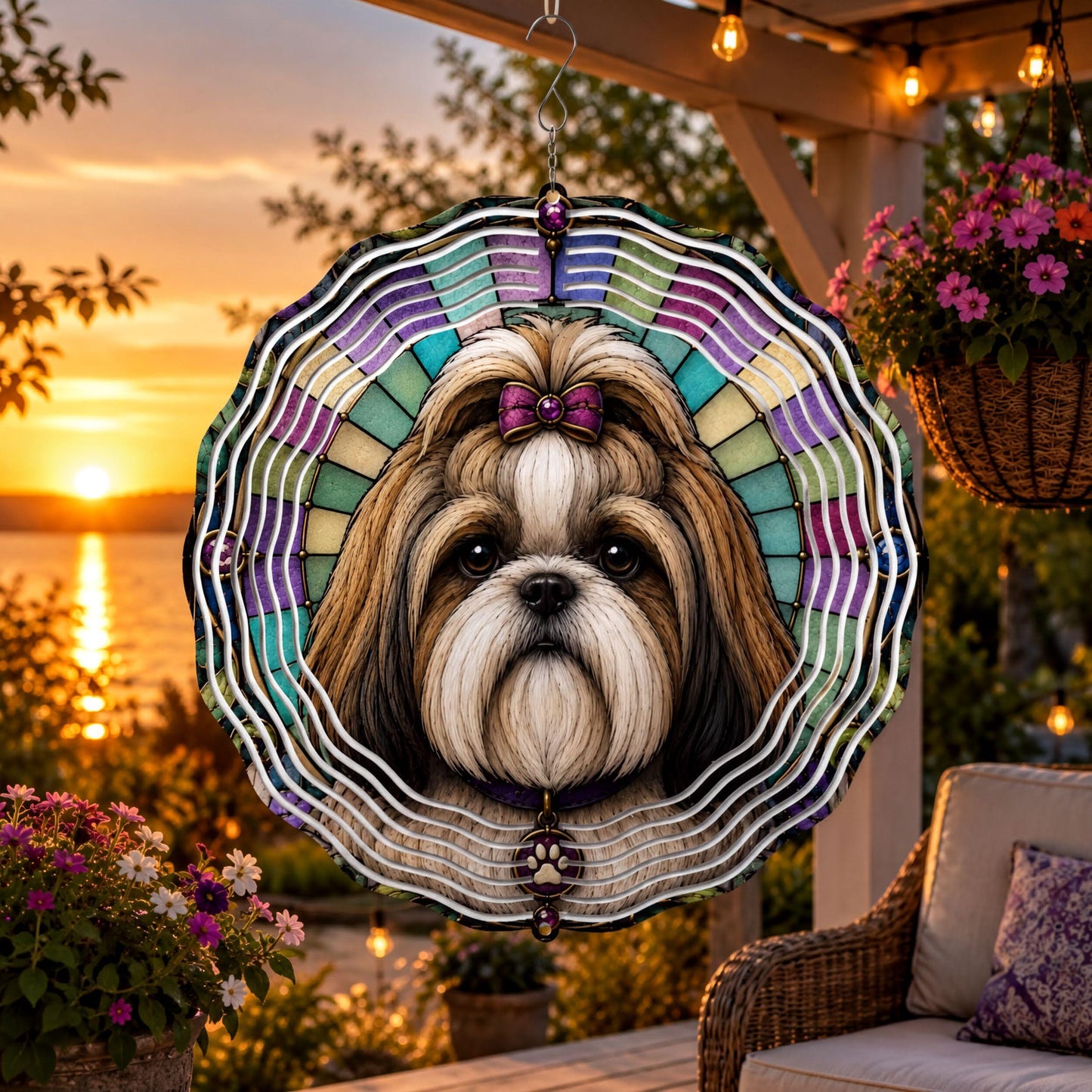 Shih Tzu Wind Spinner Faux Stained Glass Dog Garden Decor Aluminum Hanging Gift