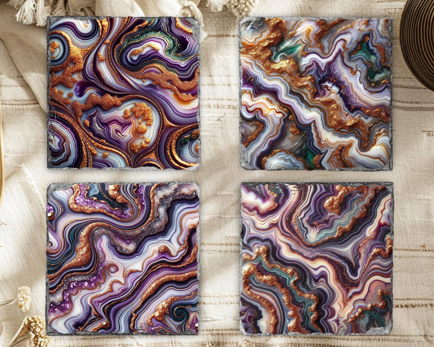 Mardi Gras Coaster Set of 4 - Purple Gold Glitter  Green Agate  Perfect Boho Housewarming Gift