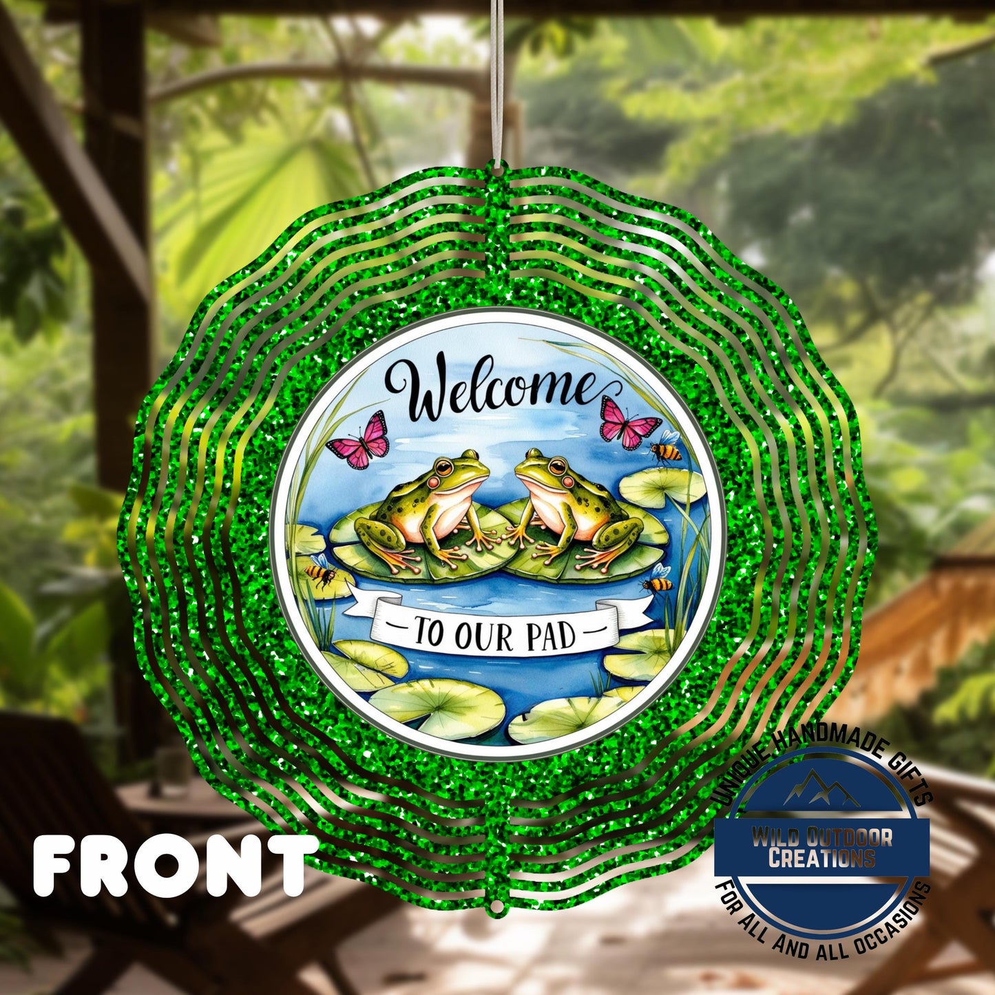 Frog Garden Spinner - Outdoor Garden Decor with Blue Green Glitter & UV Protection