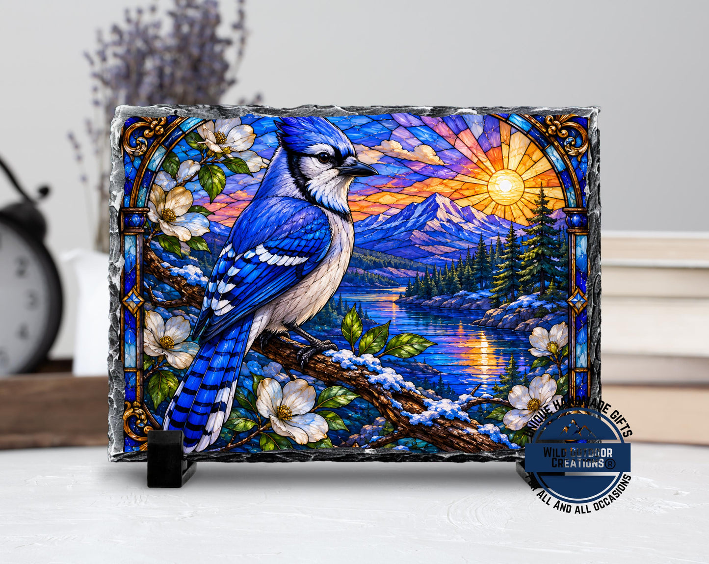 Blue Jay Faux Stained Glass Slate Plaque, Mountain Lake Sunset Bird Decor, Birder Gift