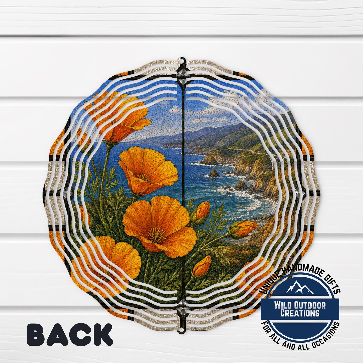 California Poppy Wind Spinner - Aluminum Garden Decor with Stained Glass Style Outdoor Art