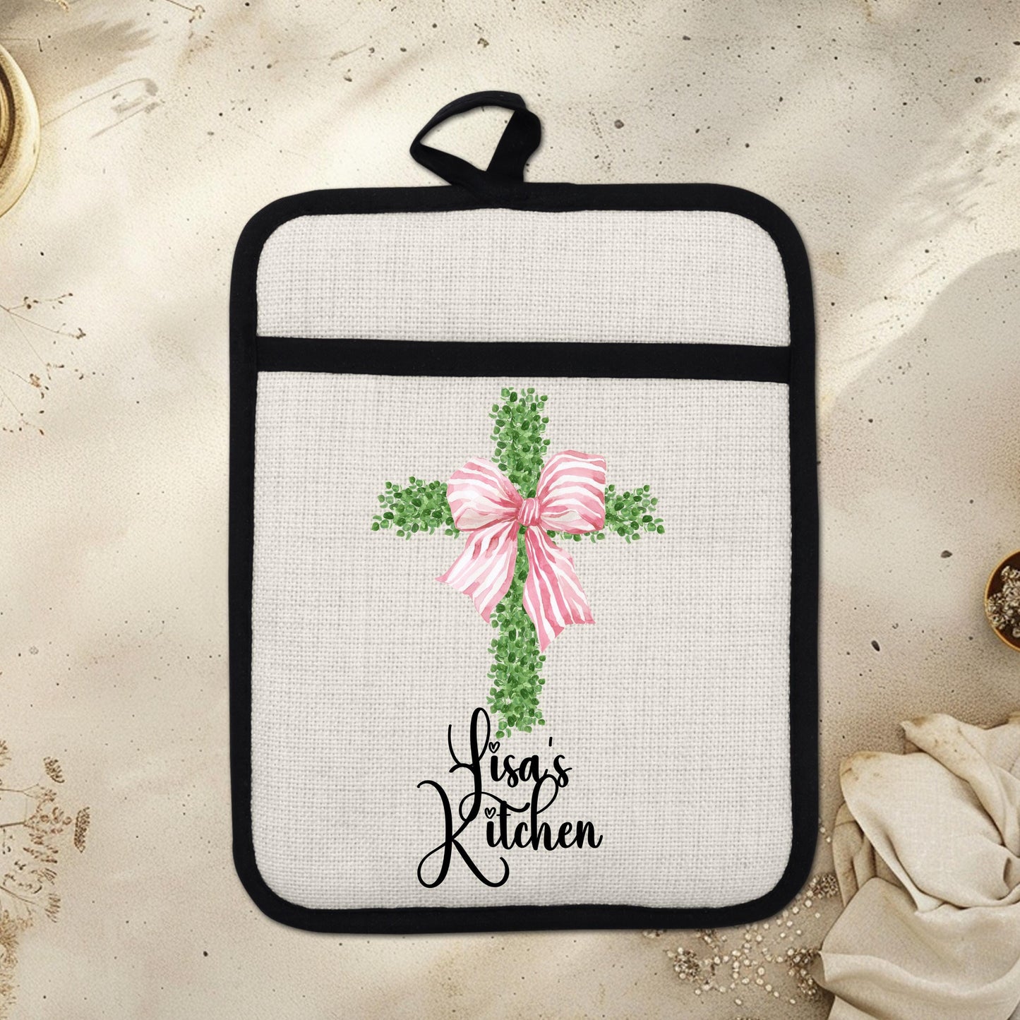 Personalized Cross Pot Holder – Pink Floral Cross, Custom Name Kitchen Gift - scale and size reference