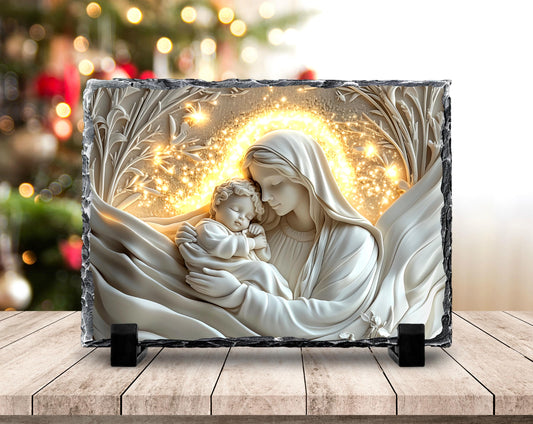 3D Mary and Baby Jesus Slate Plaque - with Fractured Edges  Gold Accents