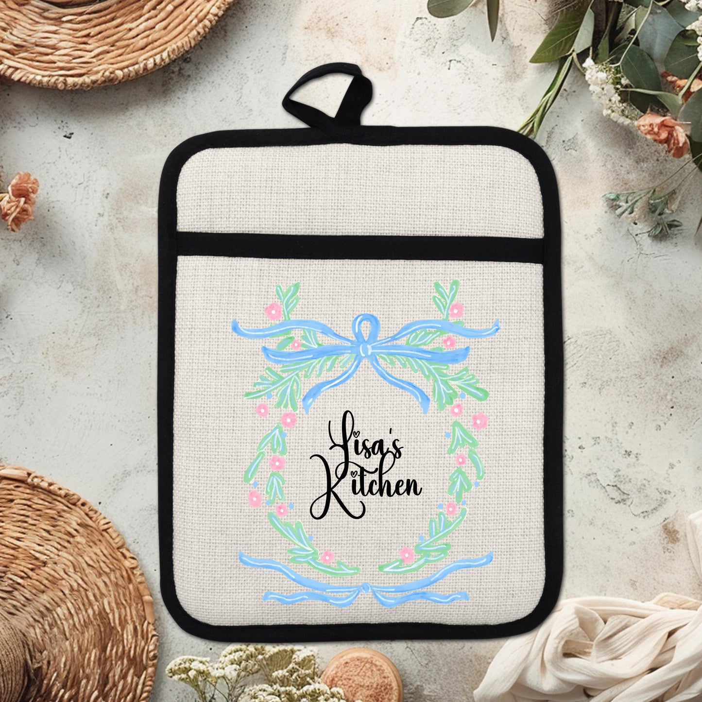 Personalized Pot Holder – Custom Name Floral Kitchen Gift With Linen Pocket - packaging and presentation