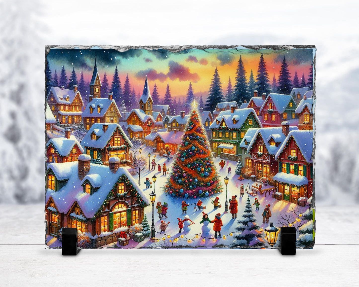 Vintage Christmas Village Slate with Winter Scene and Tree Children  Rustic Holiday Gift