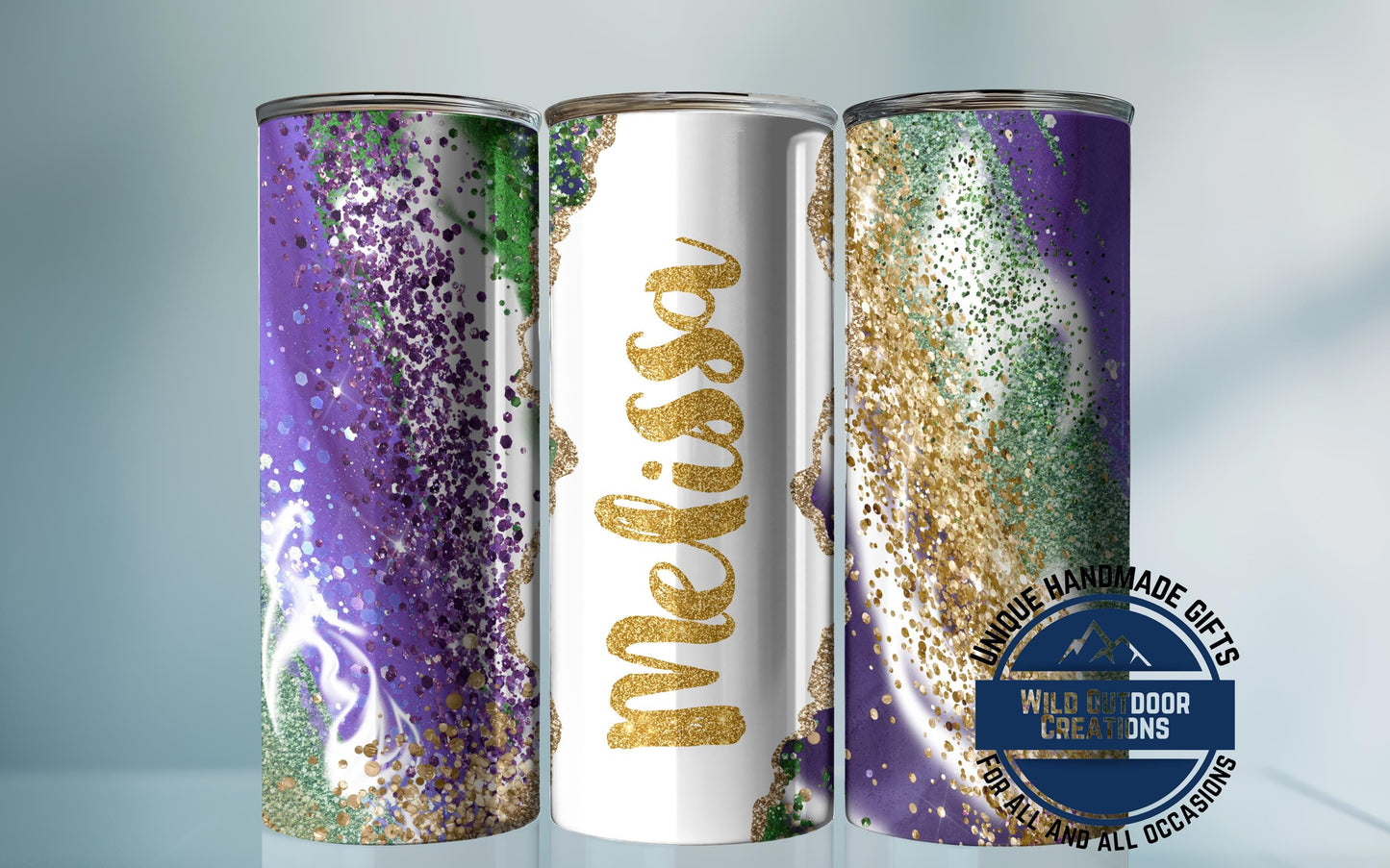 Mardi Gras Tumbler - Custom Skinny Stainless Steel Faux Glitter Cup | 20oz & 30oz Insulated - gift presentation view