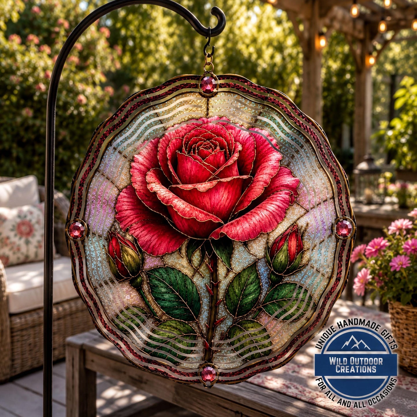 June Birth Flower Rose Wind Spinner 10 Inch Faux Stained Glass Metal Garden Decor