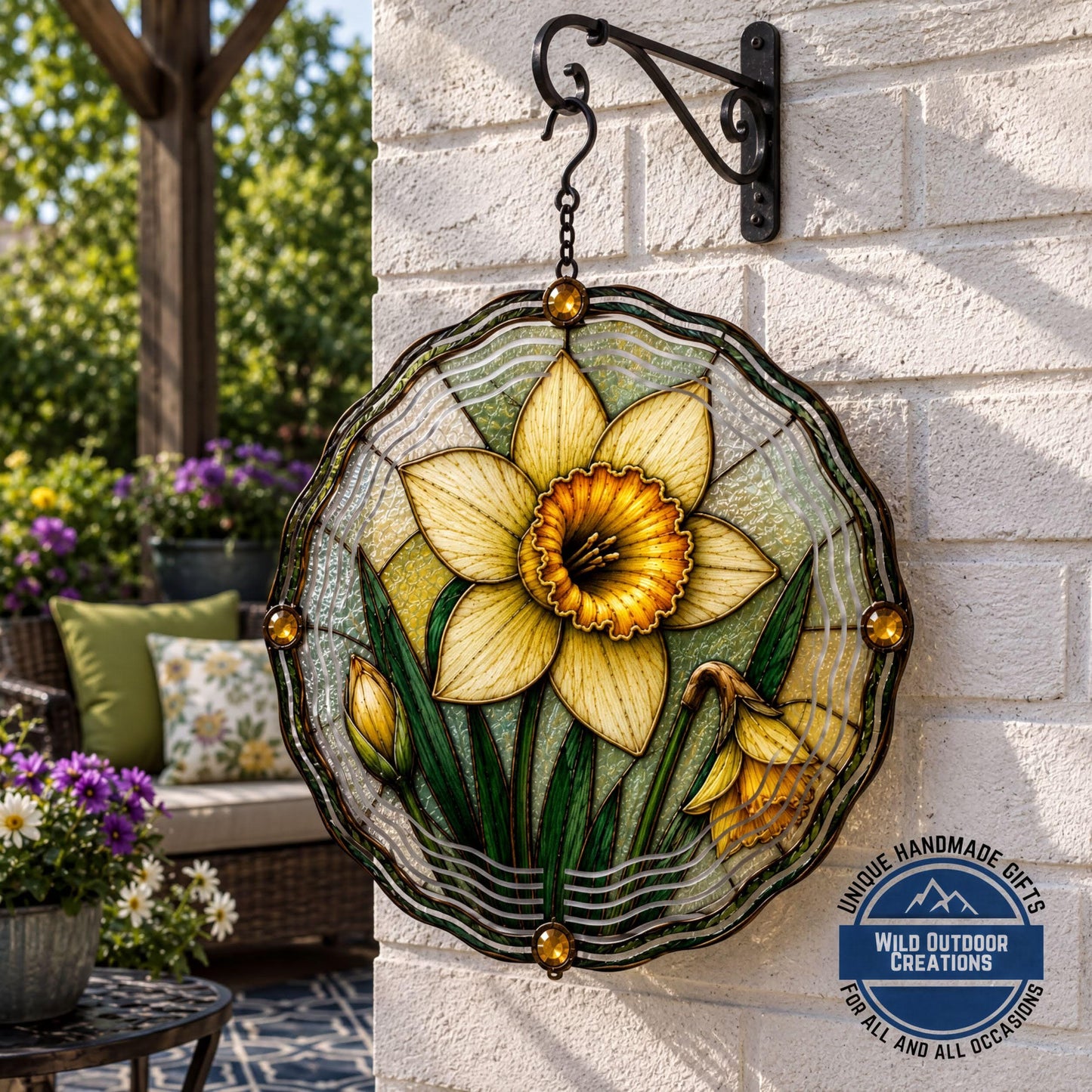 March Birth Flower Daffodil Wind Spinner 10 Inch Faux Stained Glass Metal Garden Decor