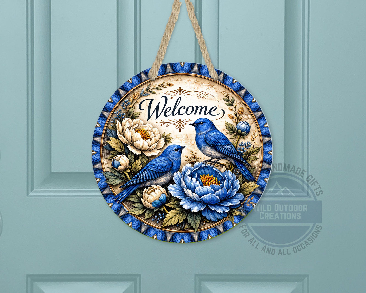 Bluebird Welcome Sign - Round Door Hanger With Floral Porch Decor, UV Coated - additional angle