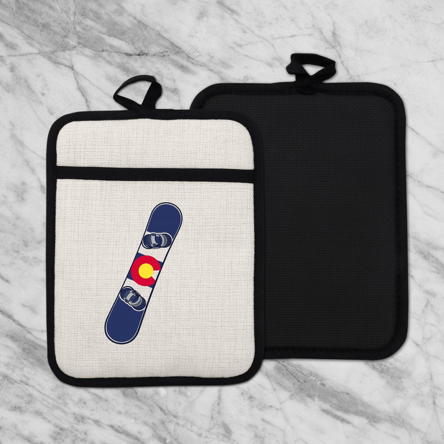 Snowboard Pot Holder - Colorado Flag Design | Linen Fabric & Silicone Backing Pad Trivet