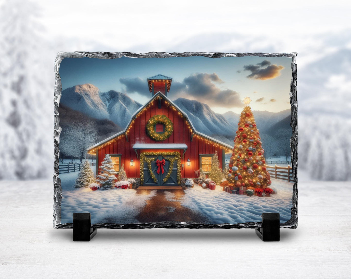 Rustic Slate Wall Art - Snowy Barn and Tree Farmhouse Christmas Decor Gift