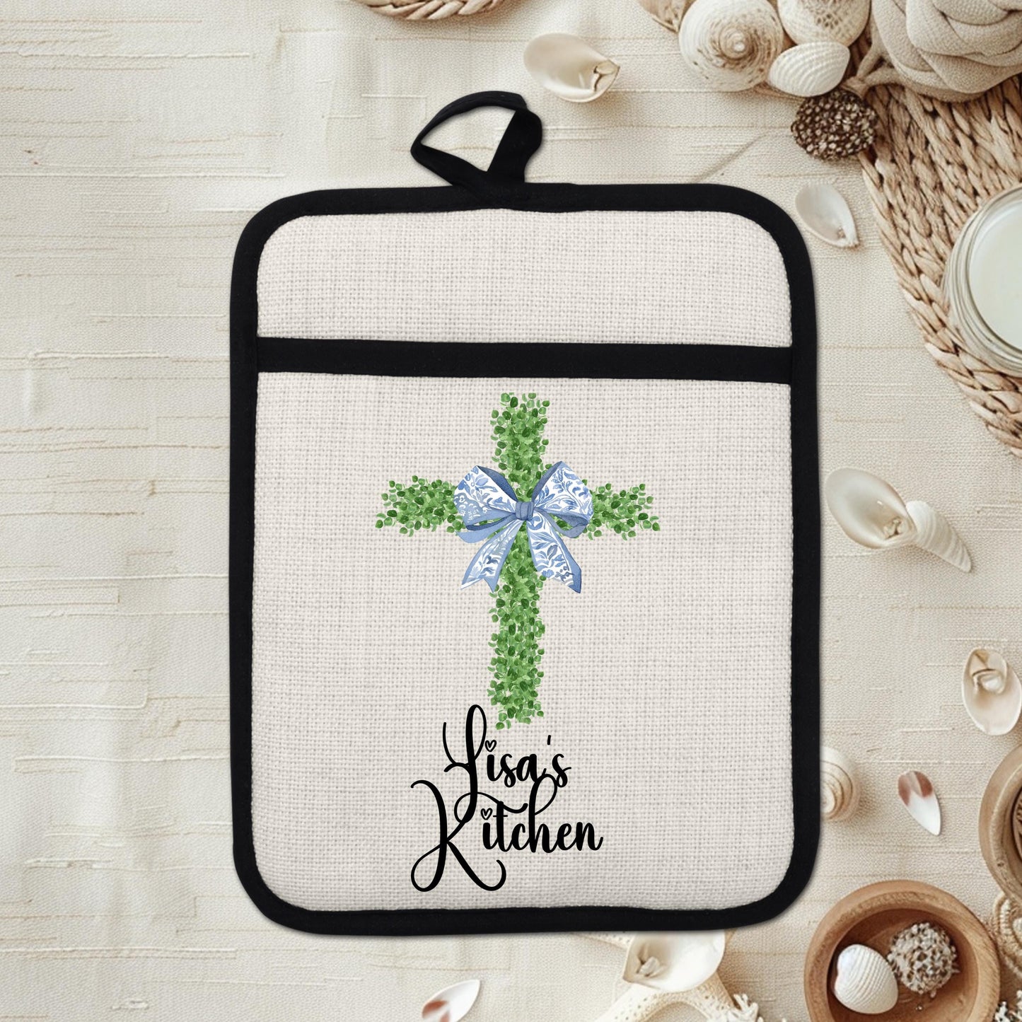 Personalized Christian Pot Holder - Custom Name Floral Cross Kitchen Gift - product dimensions and specifications