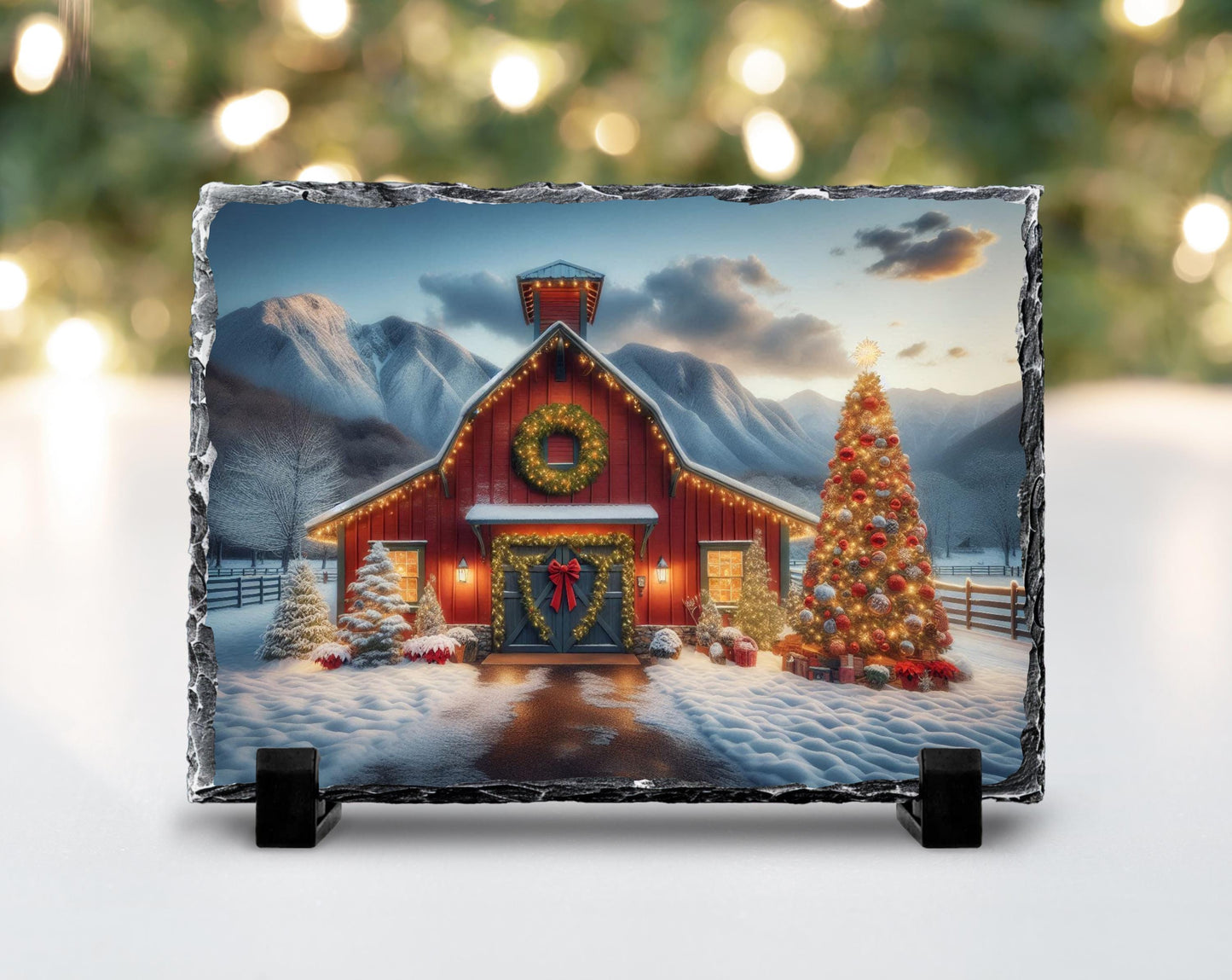 Rustic Slate Wall Art - Snowy Barn and Tree Farmhouse Christmas Decor Gift