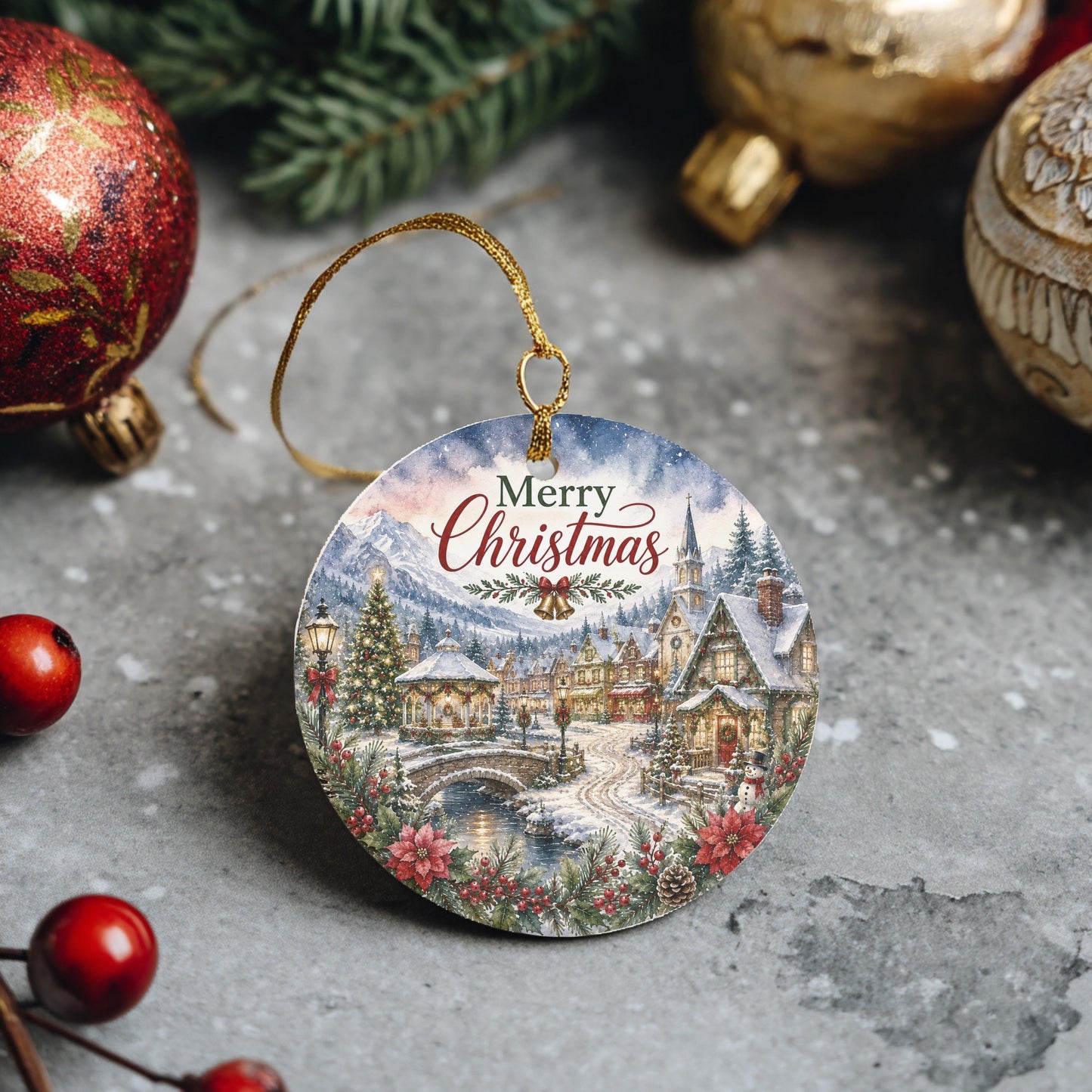 Ceramic Christmas Ornament, Snowy Church Village Scene, 3 Inch Round