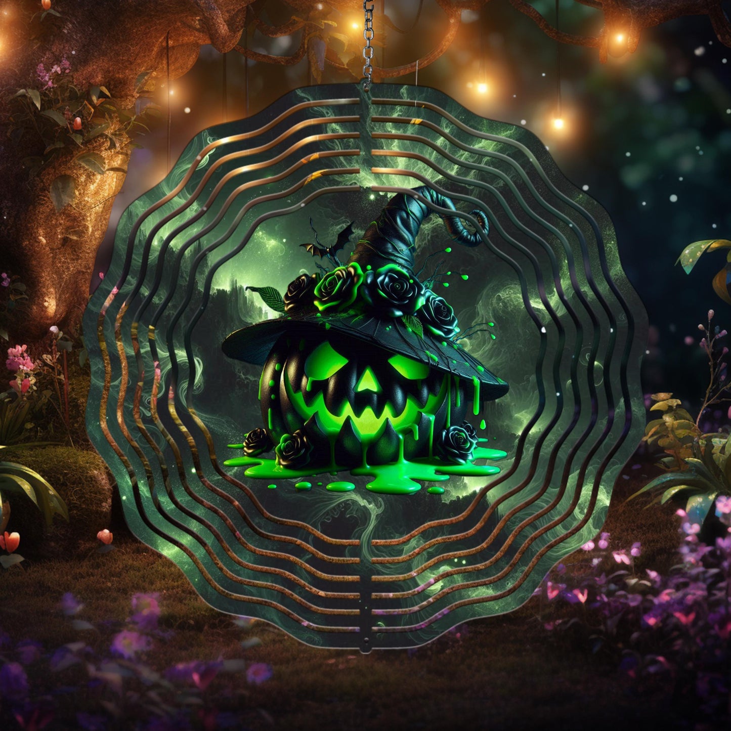 Jack-O-Lantern Wind Spinner - Neon Green UV-Protected Aluminum Garden Decor