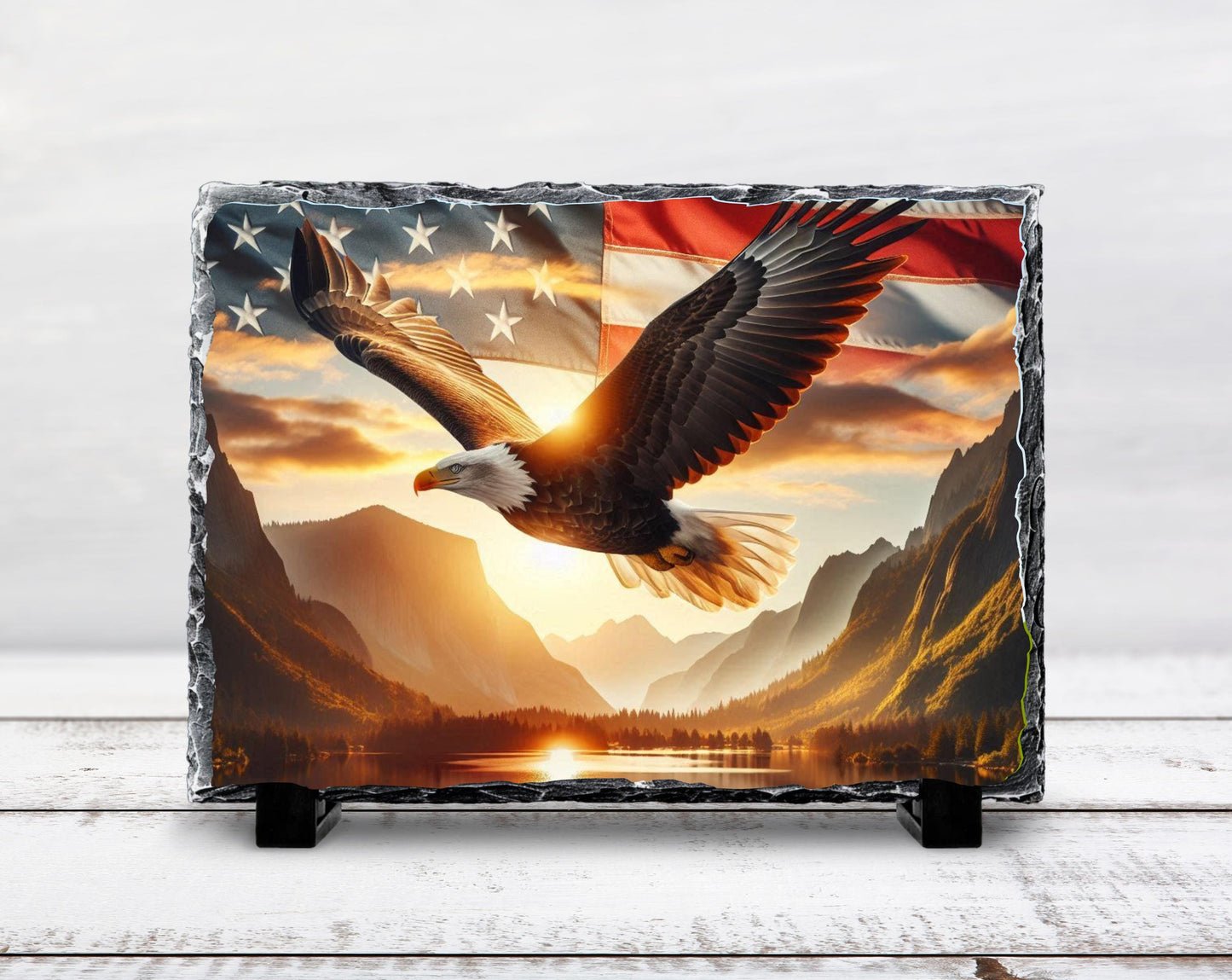 Patriotic Slate Sign - Bald Eagle Decor with American Flag Art, Rustic Slate Sign