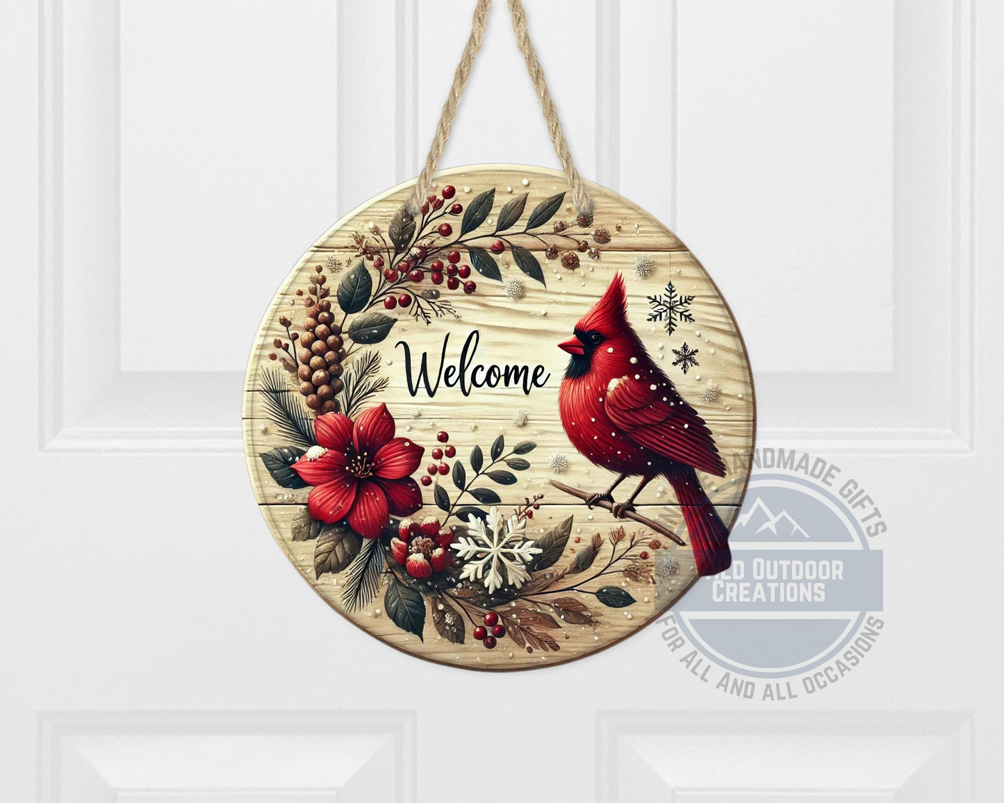 Cardinal Door Hanger - Winter Floral Wreath | Lightweight Aluminum Holiday Porch Sign