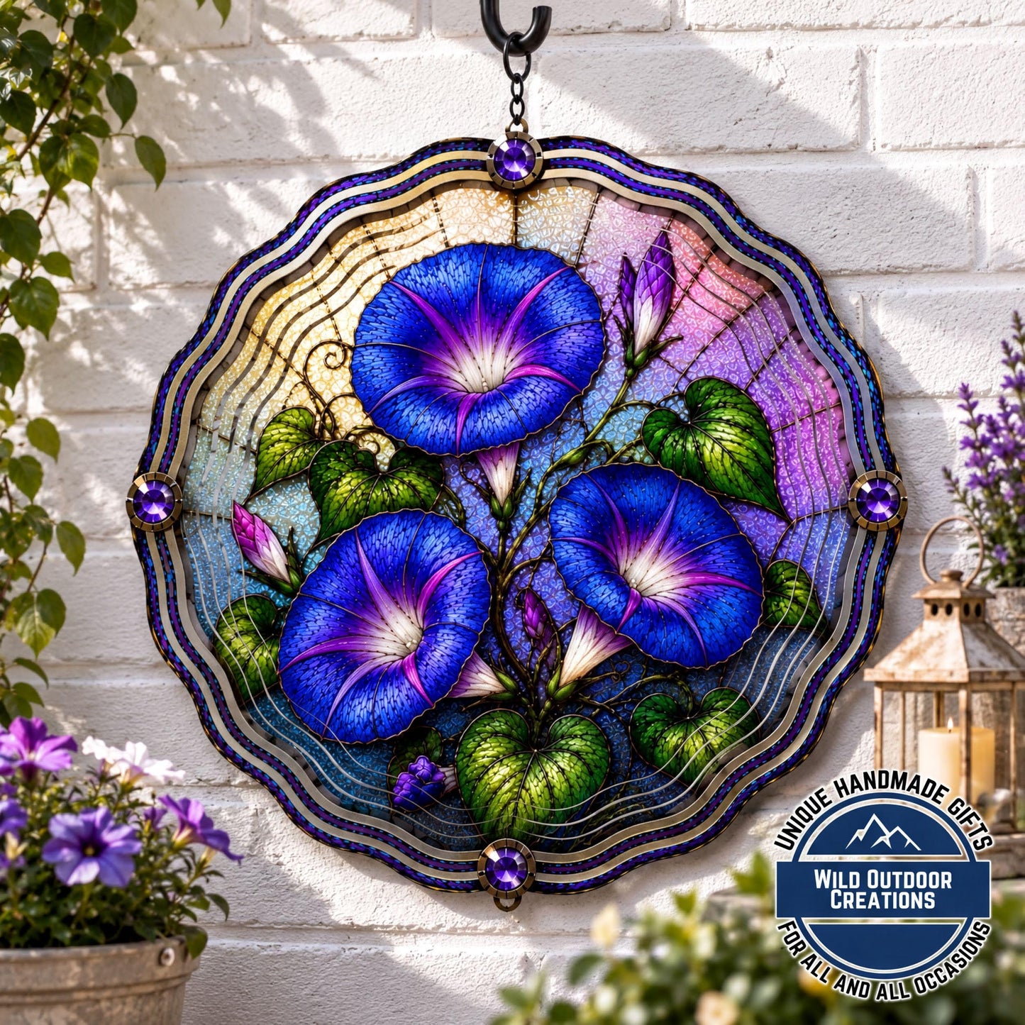 September Birth Flower Wind Spinner Morning Glory Faux Stained Glass Garden Gift Yard Art