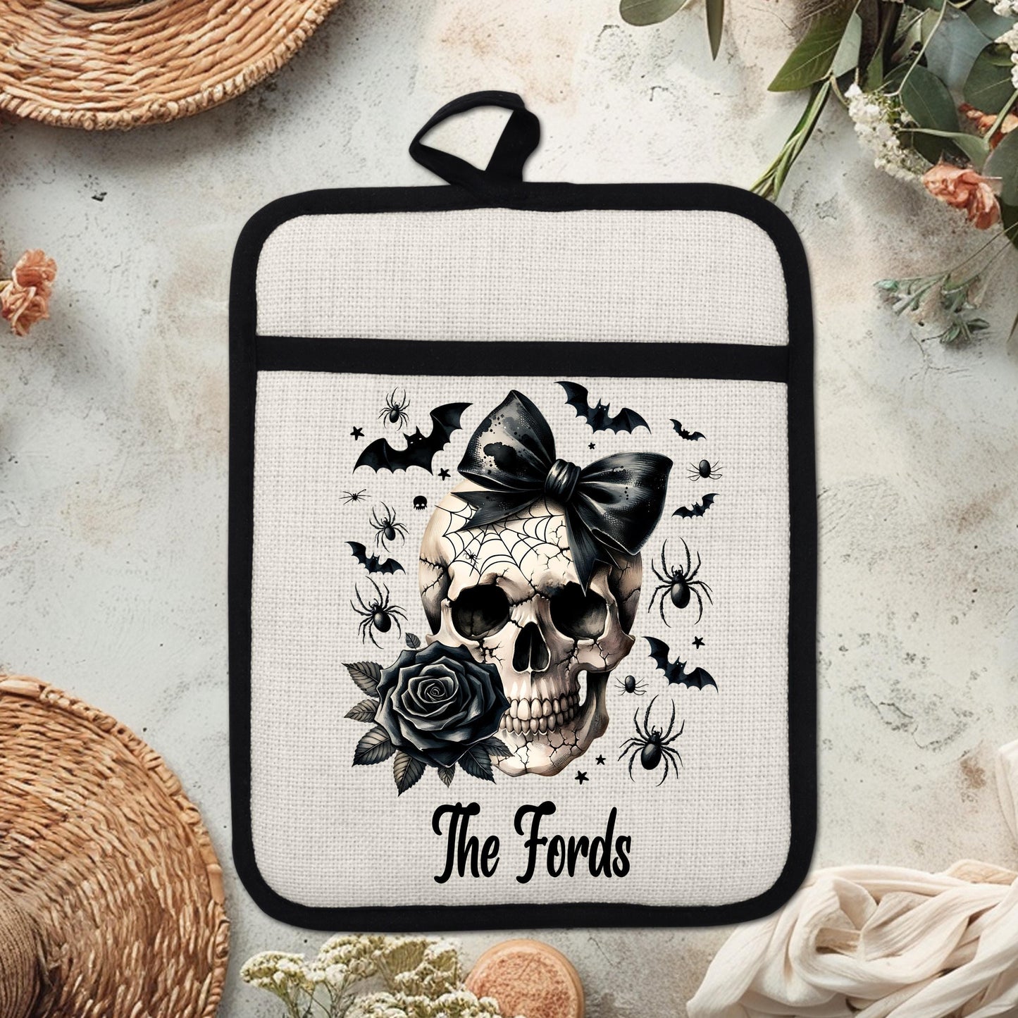 Personalized Skull Pot Holder, Gothic Halloween Decor, Goth Kitchen Gift, Witchy Kitchen