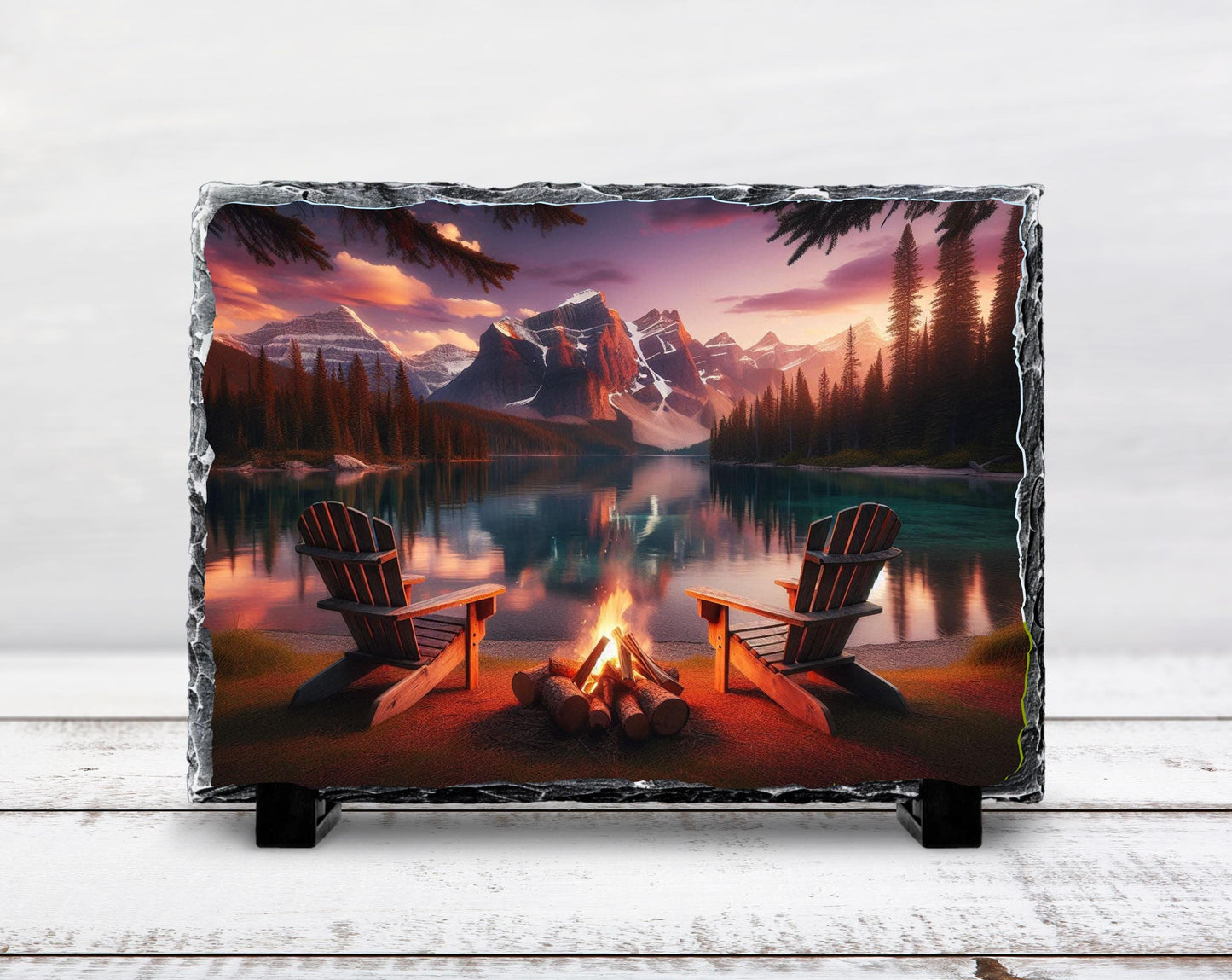 Campfire Slate Plaque – Rustic Stone Decor | Mountain Lake Art & Cozy Cabin Gift
