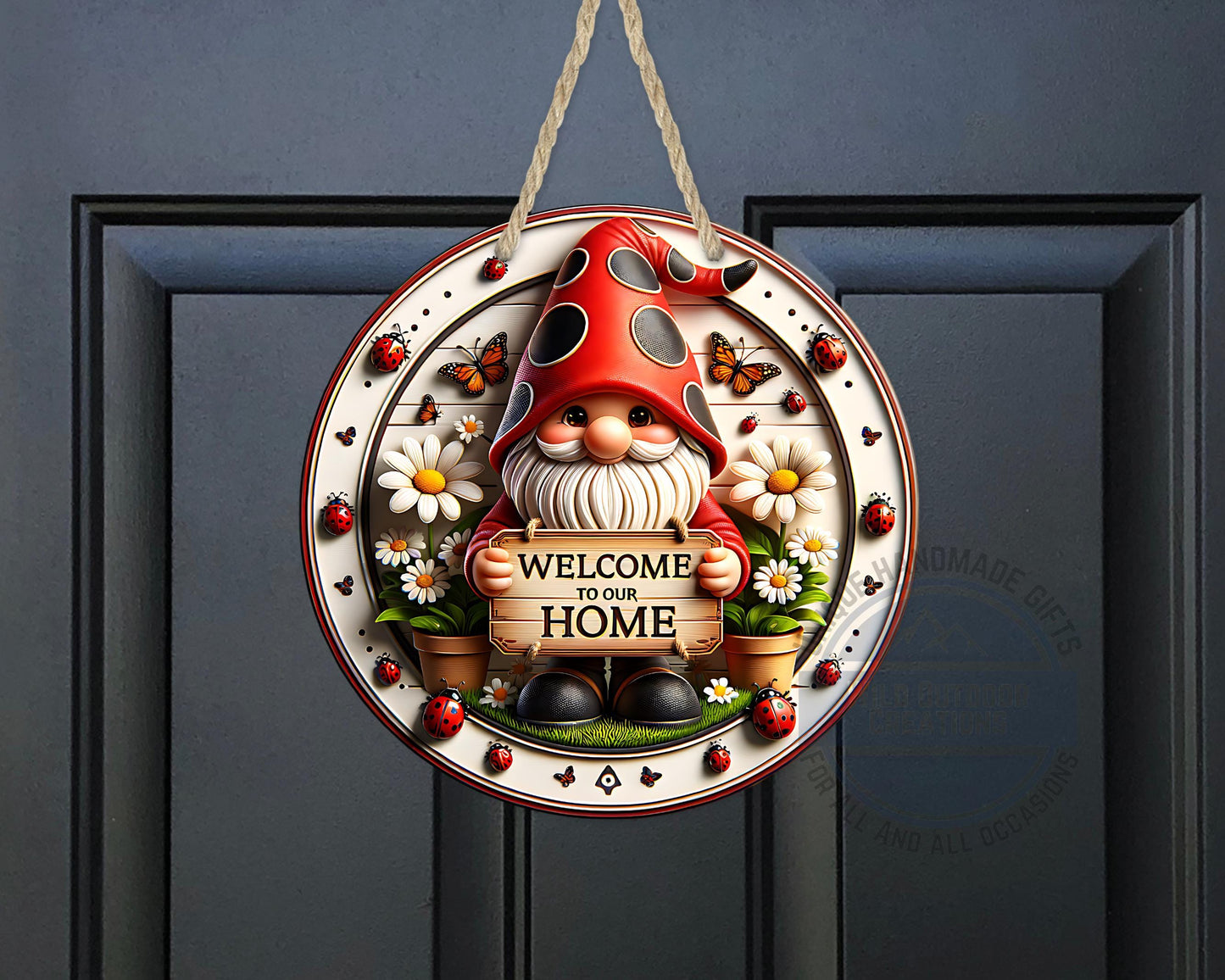 Welcome Gnome Door Hanger - Red Hat Gnome with Daisy & Ladybug Accents