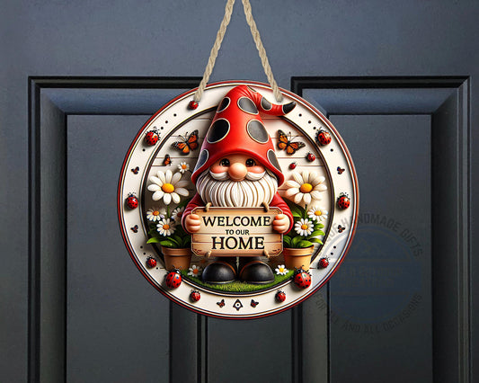 Welcome Gnome Door Hanger - Red Hat Gnome with Daisy & Ladybug Accents