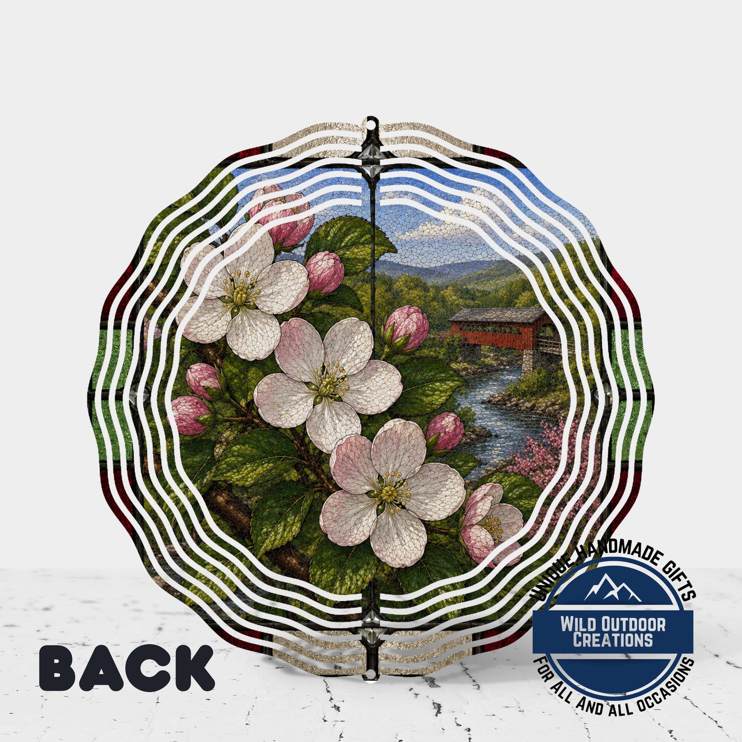 Apple Blossom Wind Spinner - Arkansas State Flower Stained Glass Style Outdoor Decor