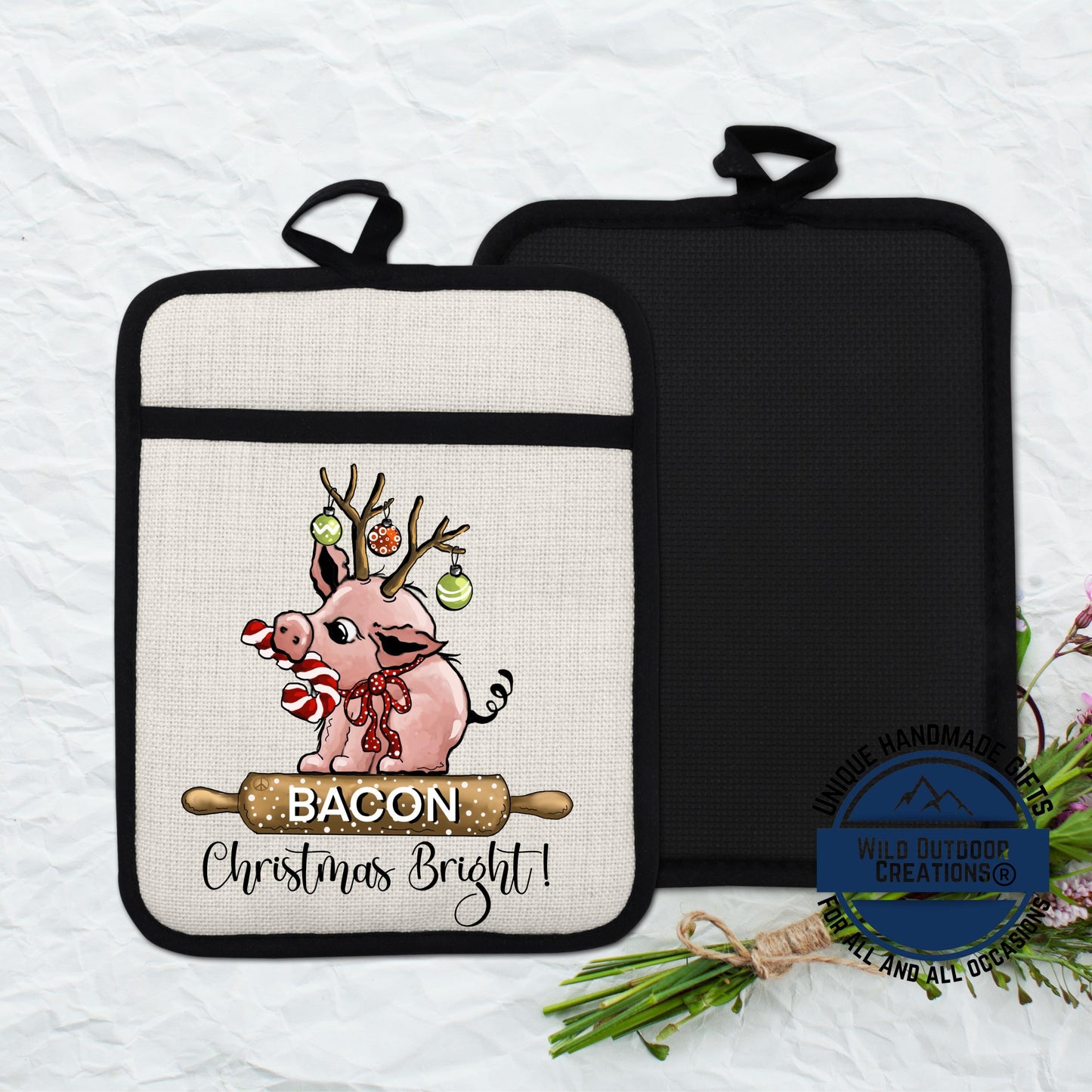 Christmas Pig Pot Holder Linen Hot Pad Bacon Reindeer Funny Kitchen Gift