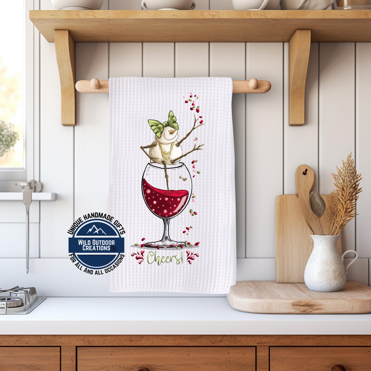 Snowman Wine Glass Kitchen Towel Cheers Funny Christmas Waffle Weave Holiday Decor Gift