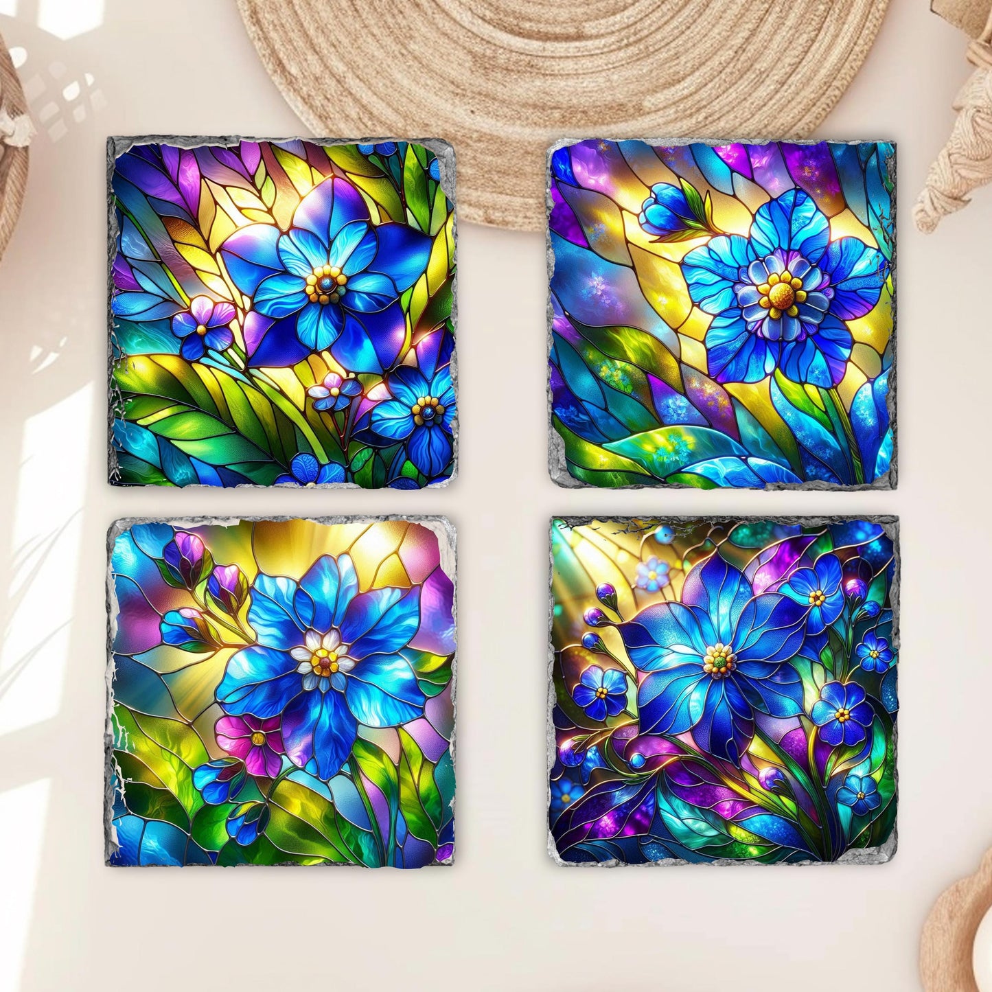 Slate Coaster Set with Faux Stained Glass Forget Me Not Flowers  Black Rack  Handcrafted Alaska State Gift