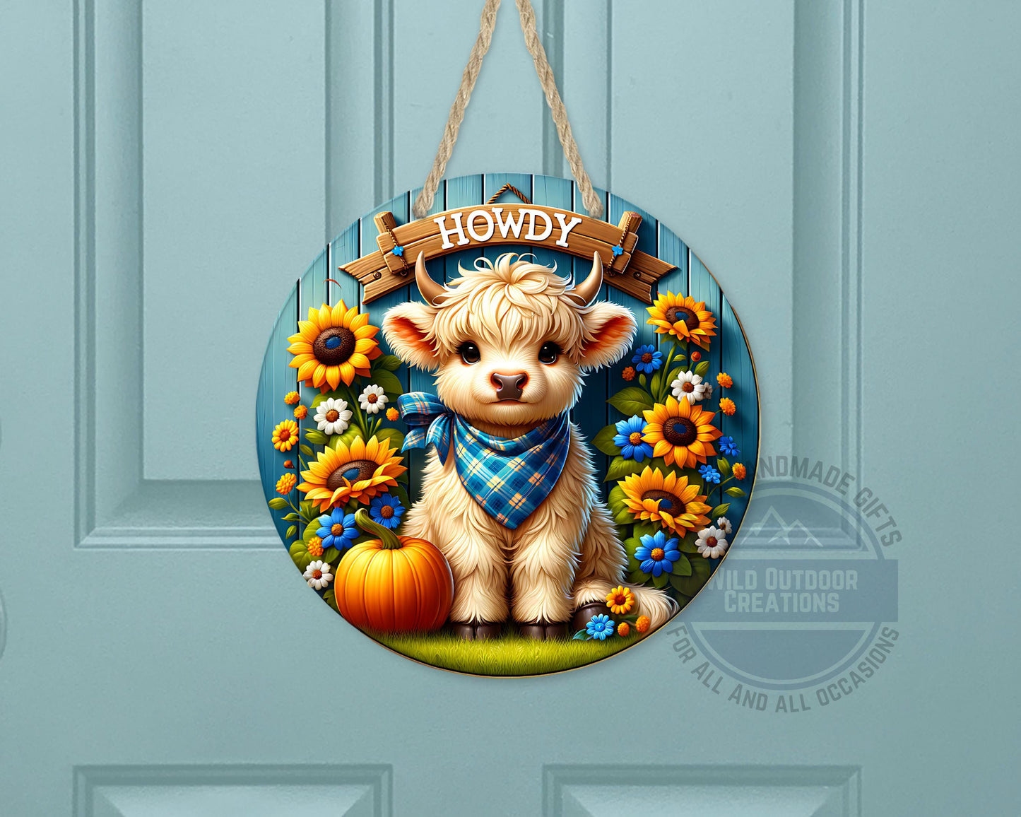 Farmhouse Door Hanger - Aluminum Round Sign with Highland Cow Decor, Blue Plaid