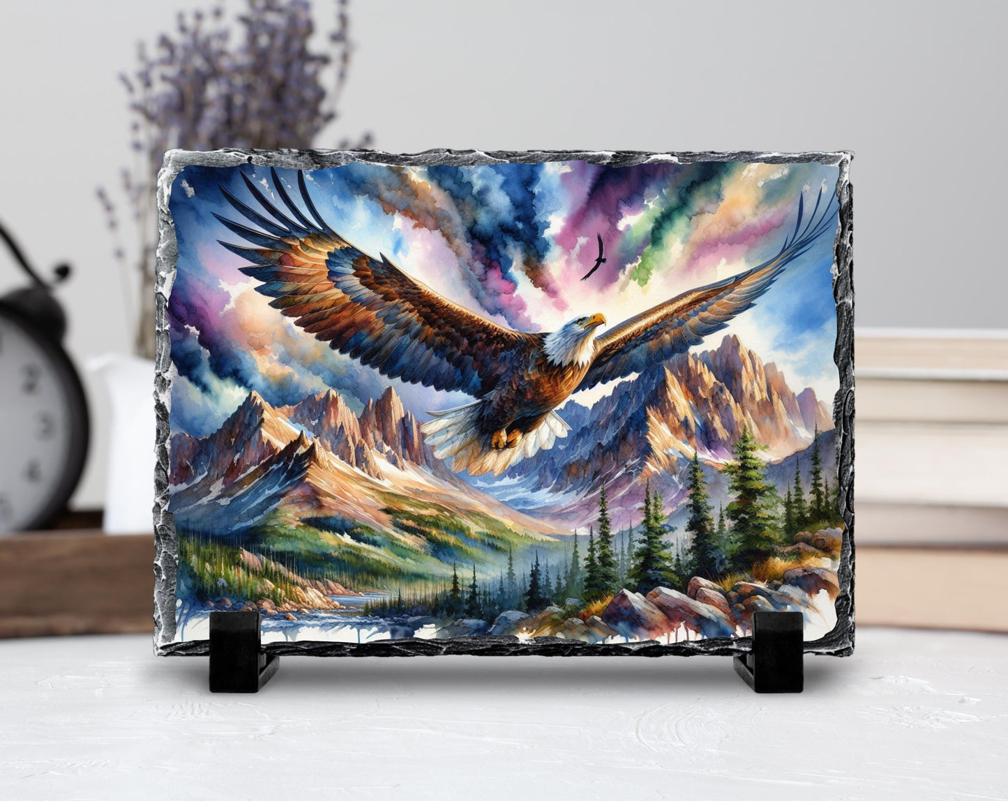Eagle Slate Art Plaque - Soaring Over Mountain Valley Rustic Wildlife Decor on Fractured Stone