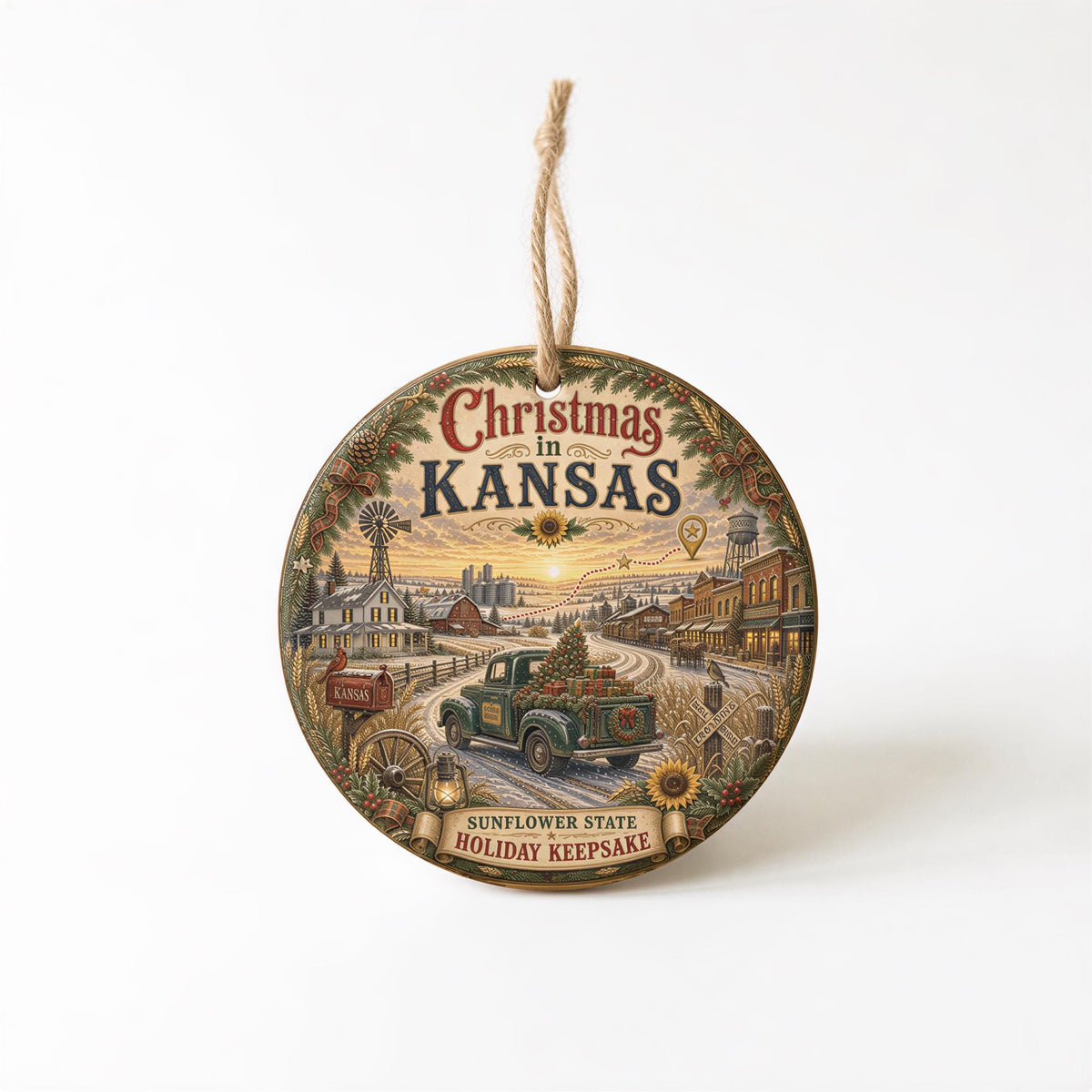Kansas Christmas Ornament | Vintage Green Truck Ceramic Keepsake, 3 Inch
