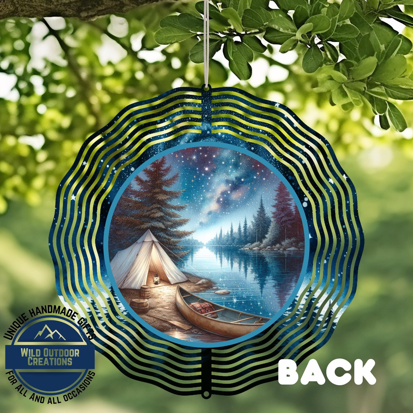 Camping Wind Spinner - Double Sided River Scene, 10 Inch Aluminum Garden Art