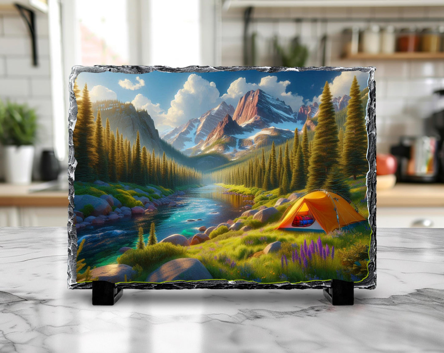Mountain Camping Plaque - Rustic Slate Art With River And Tent Artwork
