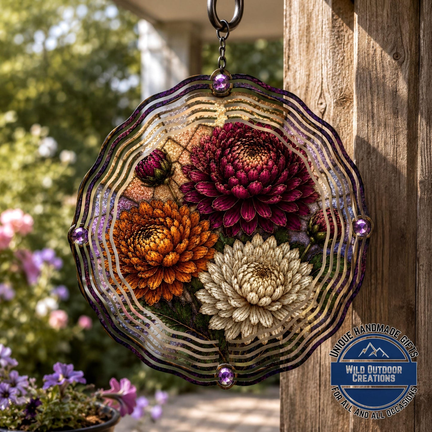 November Birth Flower Wind Spinner Chrysanthemum Faux Stained Glass Garden Gift Yard Art