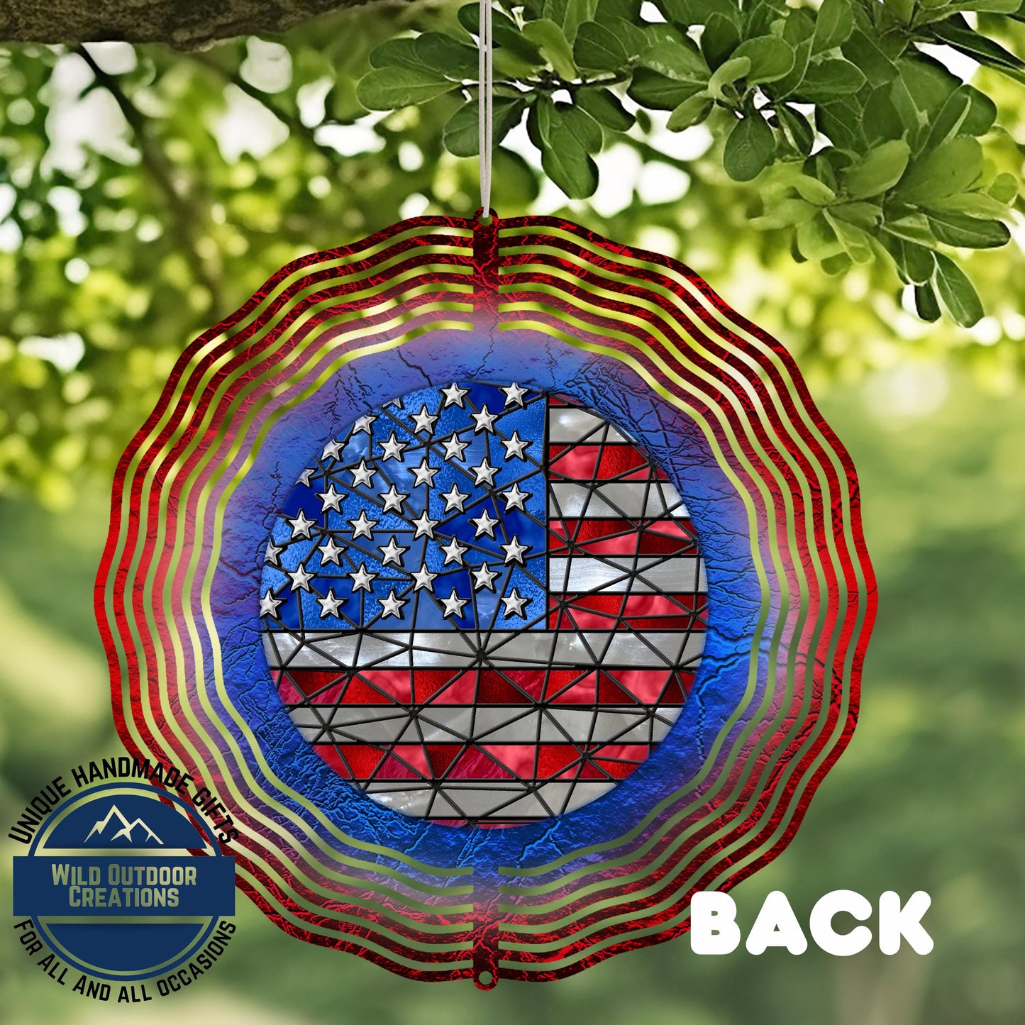 a patriotic American flag design on a wind chime, with the word "BACK" written in white text at the bottom right corner.