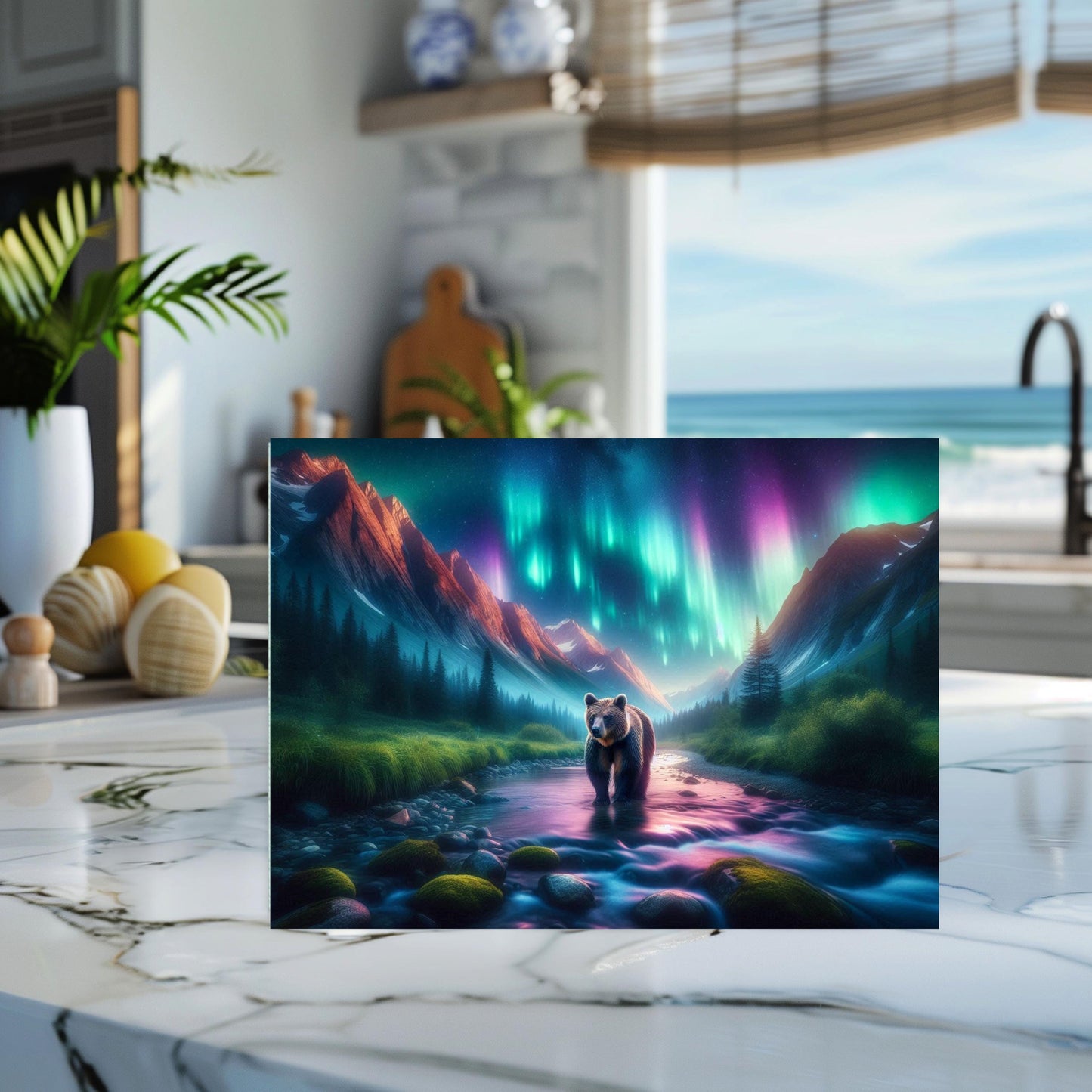 Vibrant Northern Lights Bear River Tempered Glass Cutting Board, Hostess Housewarming Gift, Bear Lover Gift, Kitchen Decor for Mom, New Home