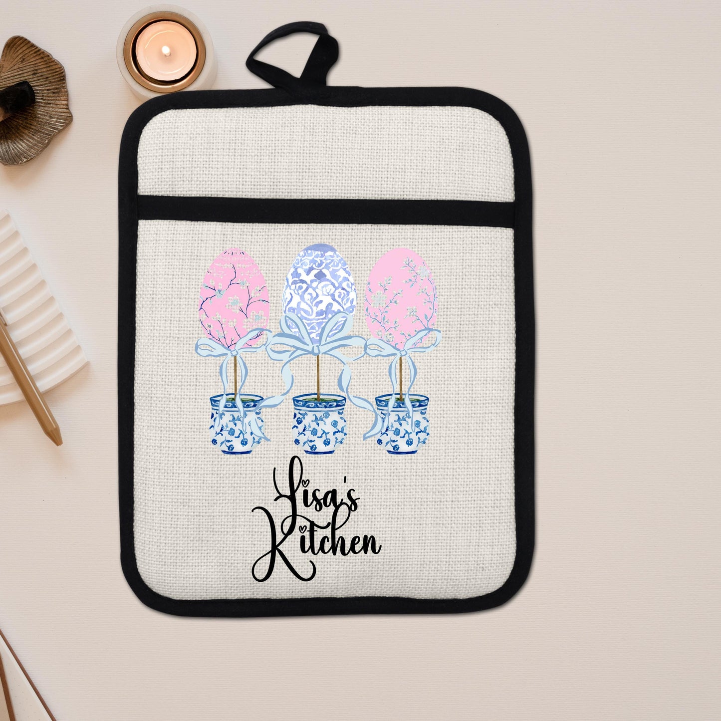 Personalized Easter Pot Holder – Custom Linen Kitchen Gift with Chinoiserie Eggs - additional product photo 14